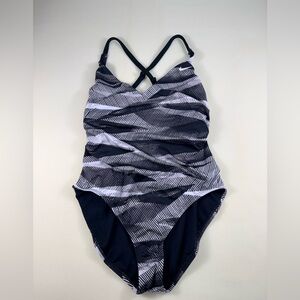 Nike Black & Gray Striped Cross-Back One-Piece Swimsuit XL